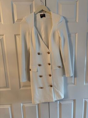Cream Double-Breasted Textured Blazer Coat